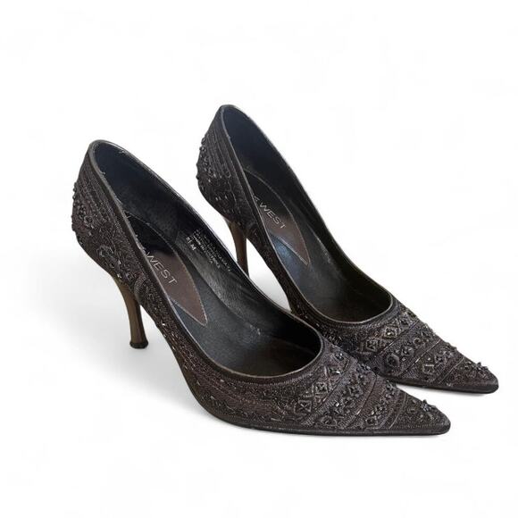 Y2K VTG. NINE WEST BLACK BEADED EMBELLISHED  POINTED TOE PUMPS SIZE 8 1/2 - Picture 2 of 7